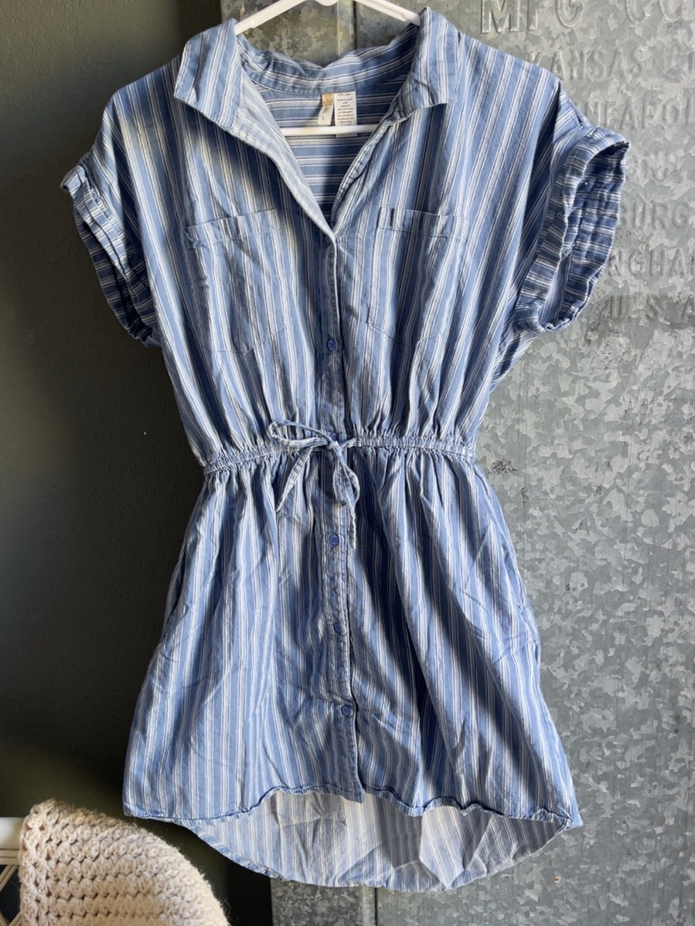 Women’s Blue Striped Button-Front Dress with Tie Waist